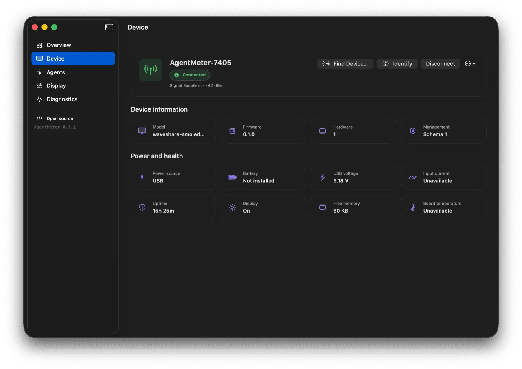 AgentMeter macOS app showing the connected device, firmware, power and signal details