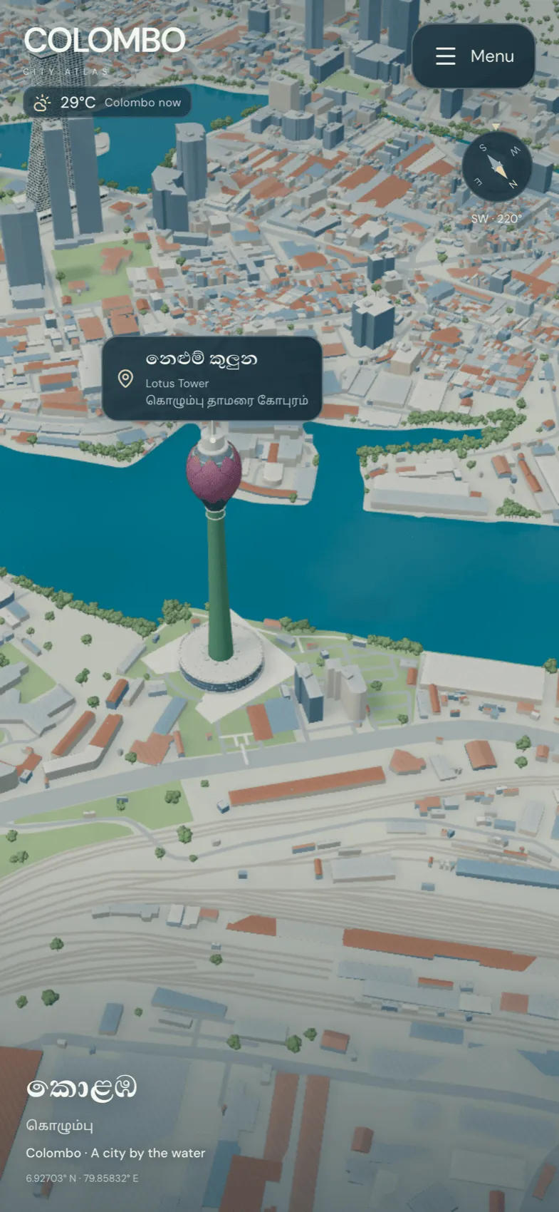Lotus Tower and Beira Lake on a phone, with a compass and menu button