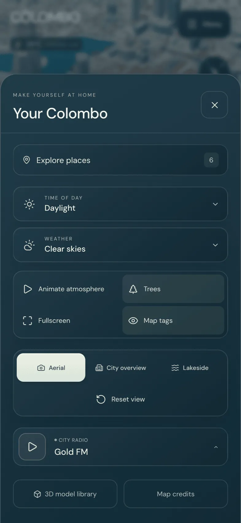 The phone menu with places, time of day, weather, views and radio