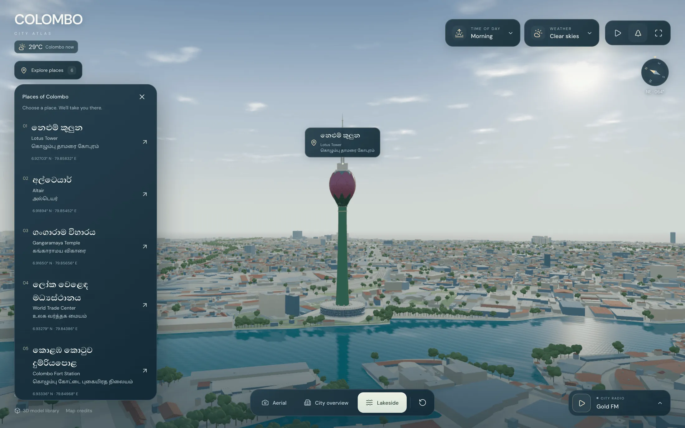 A list of landmarks in three languages beside the lakeside view