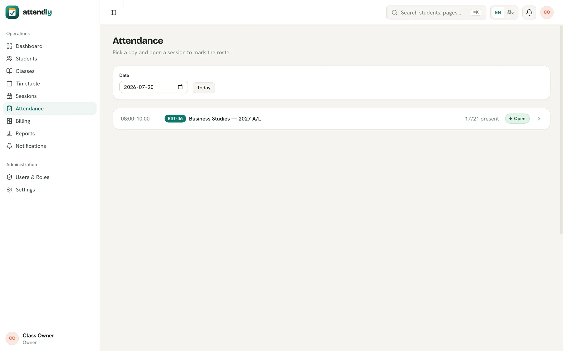 Attendly admin attendance view by session