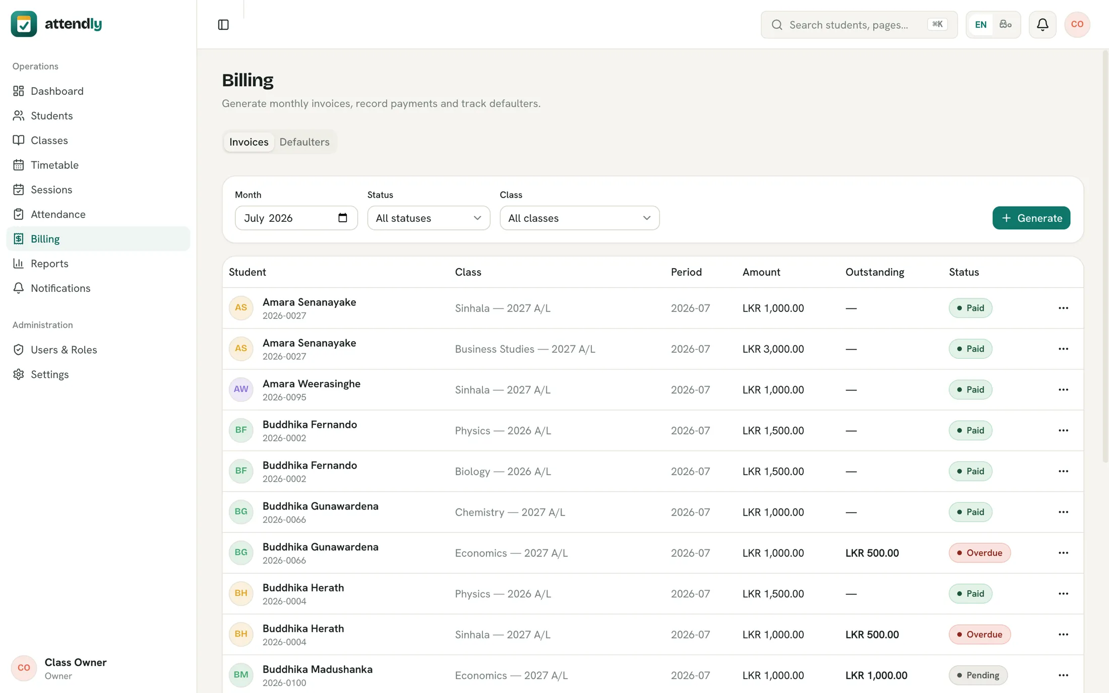 Attendly admin billing view with fee collections
