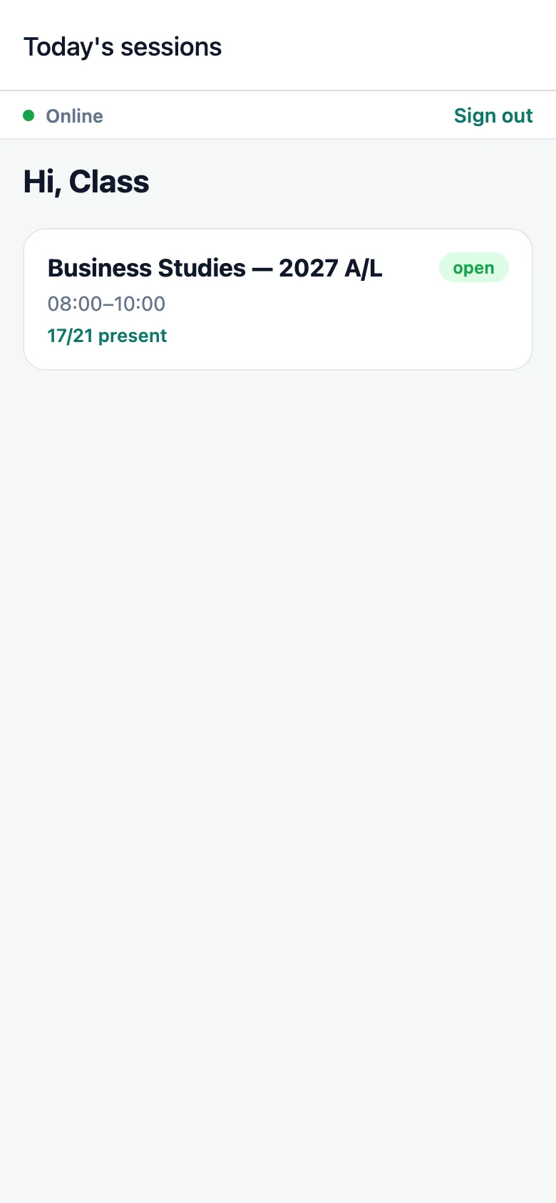 Attendly door app listing today’s sessions with attendance counts