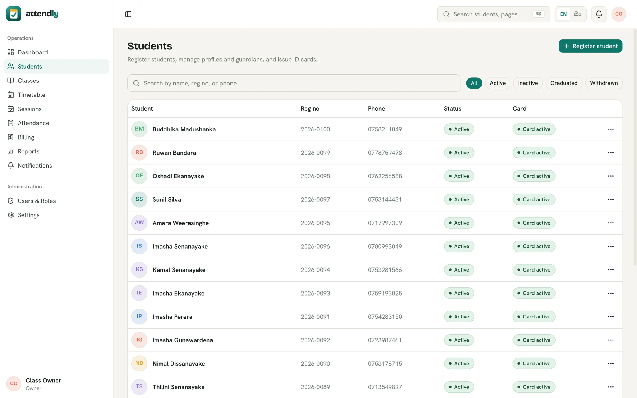 Attendly admin list of students