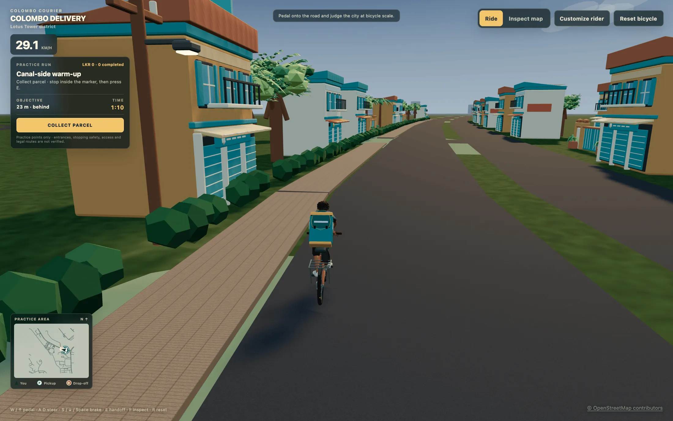 A courier with a delivery backpack cycling down a low-poly street, with speed, job timer and minimap