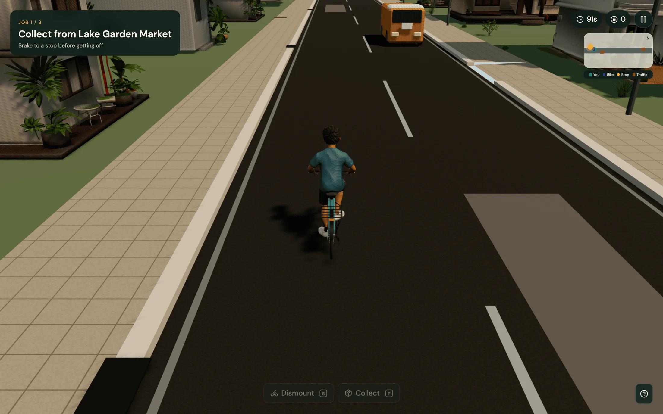 The courier cycling past houses and an oncoming van