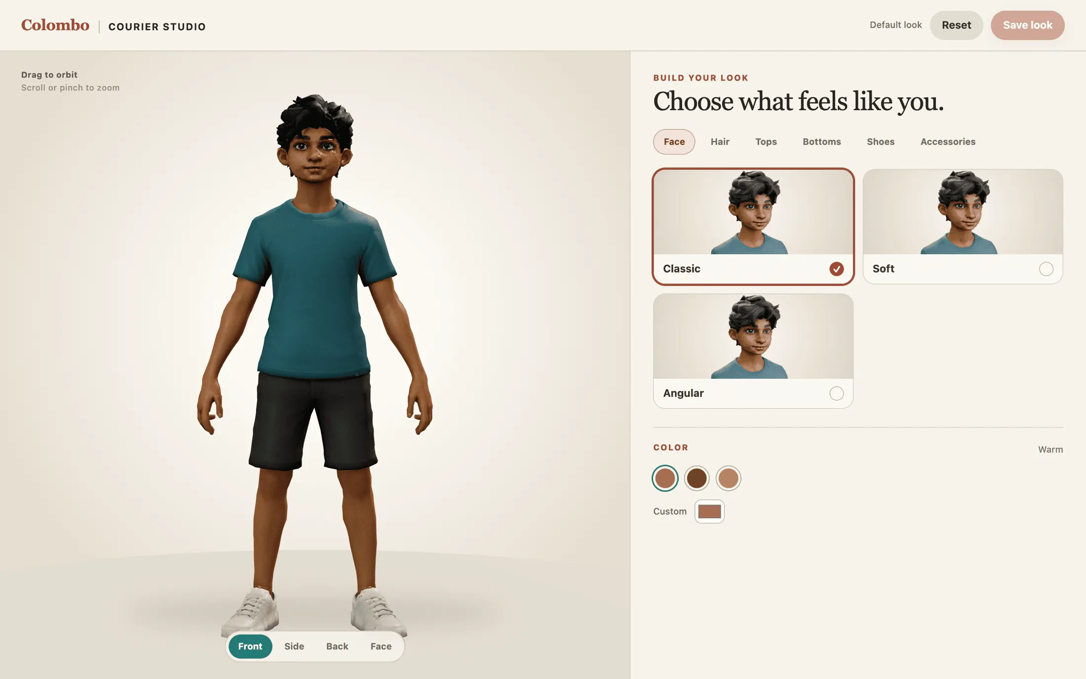 The character customiser with the courier and tabs for face, hair and clothes