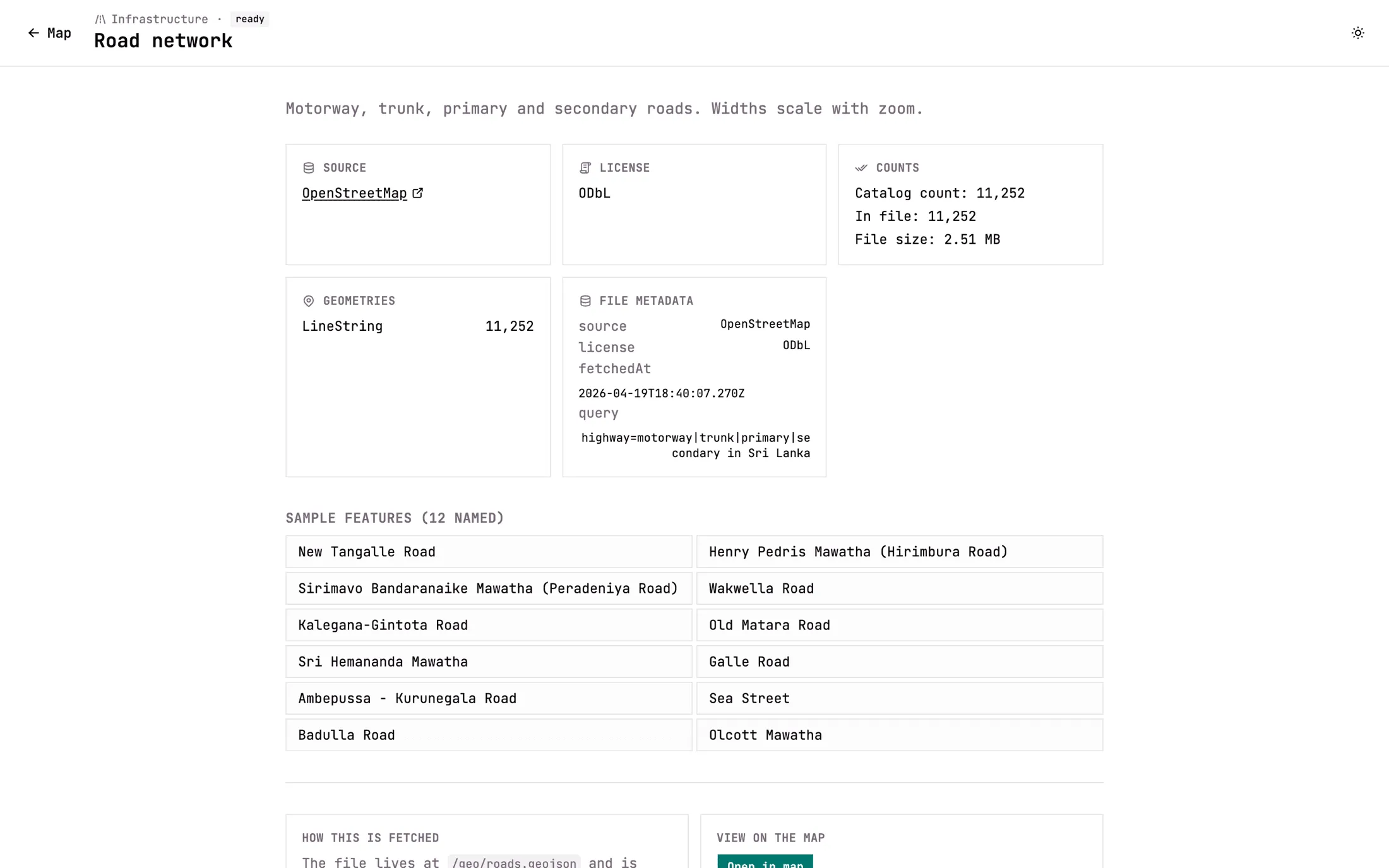 Road network dataset page with its source, licence, counts and sample road names