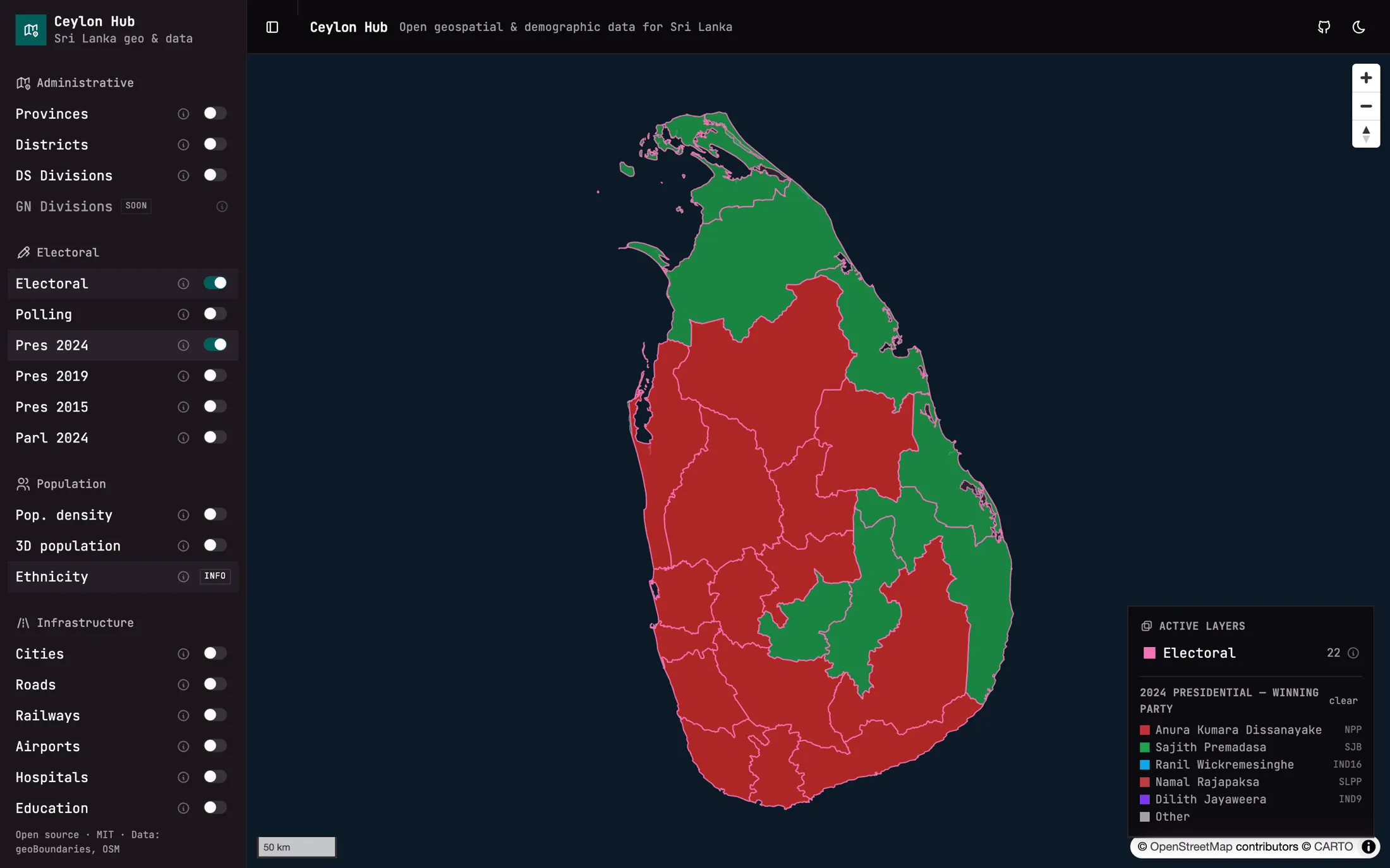 Electoral divisions coloured by the winning candidate, with a party legend