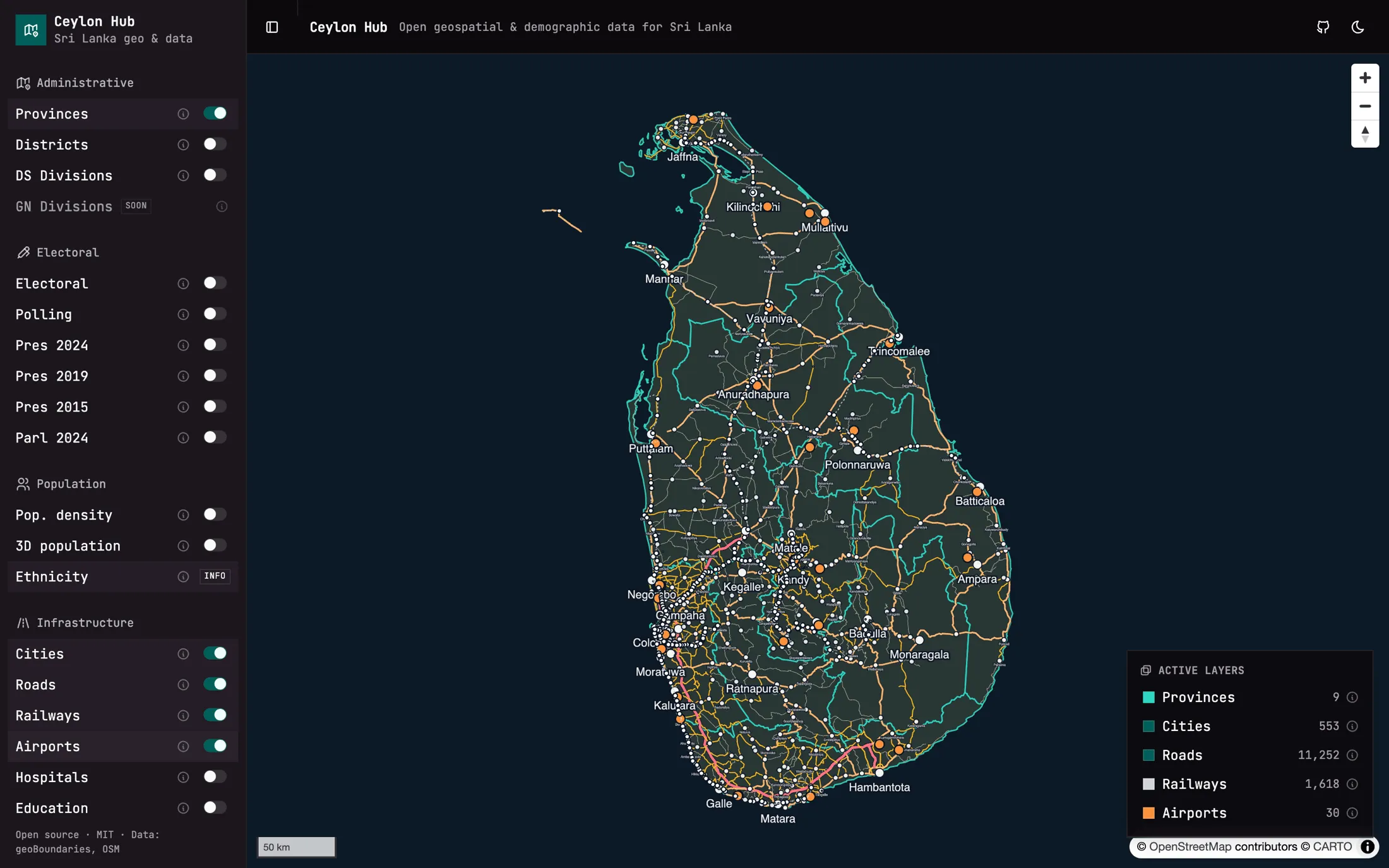 Provinces with roads, railways, cities and airports, and a legend of feature counts