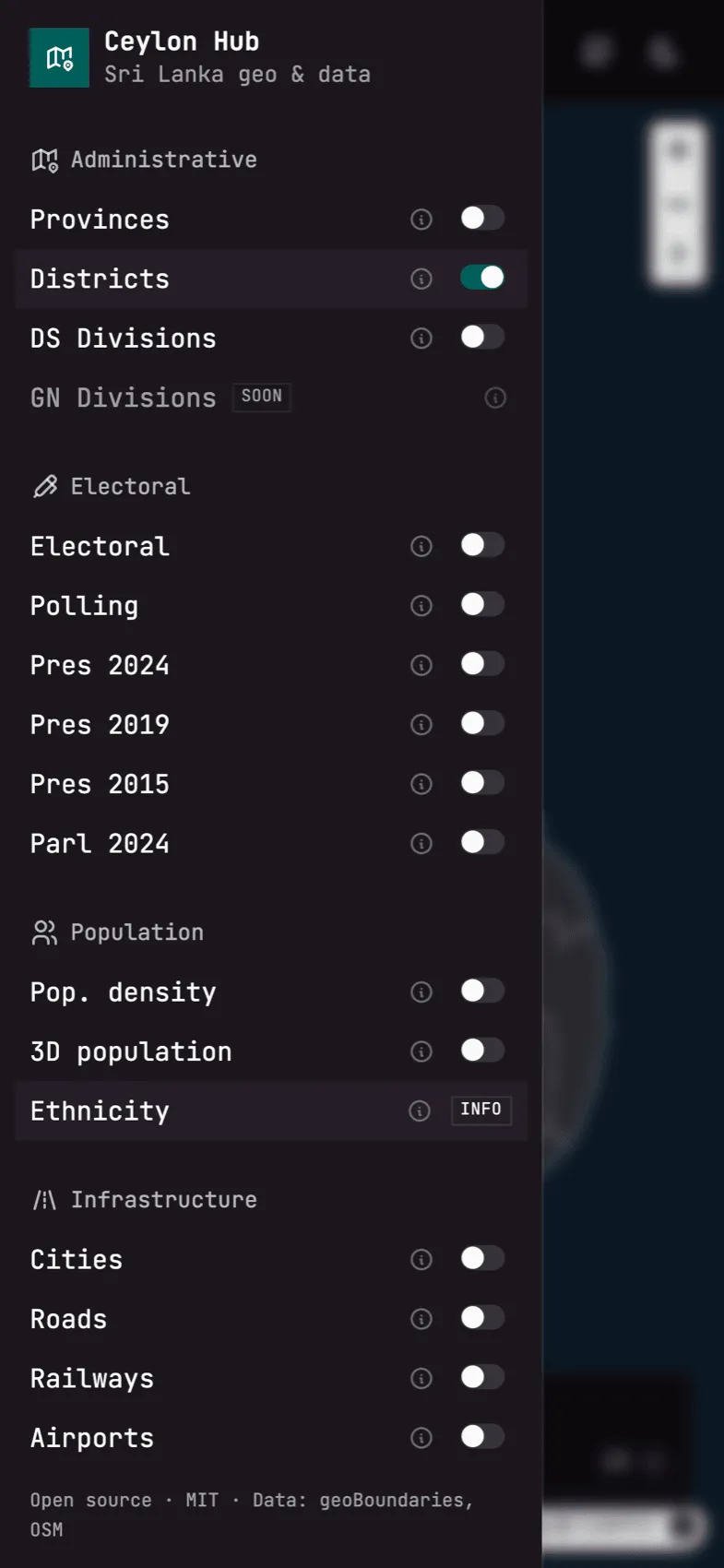 The dataset drawer on a phone, listing layers to switch on