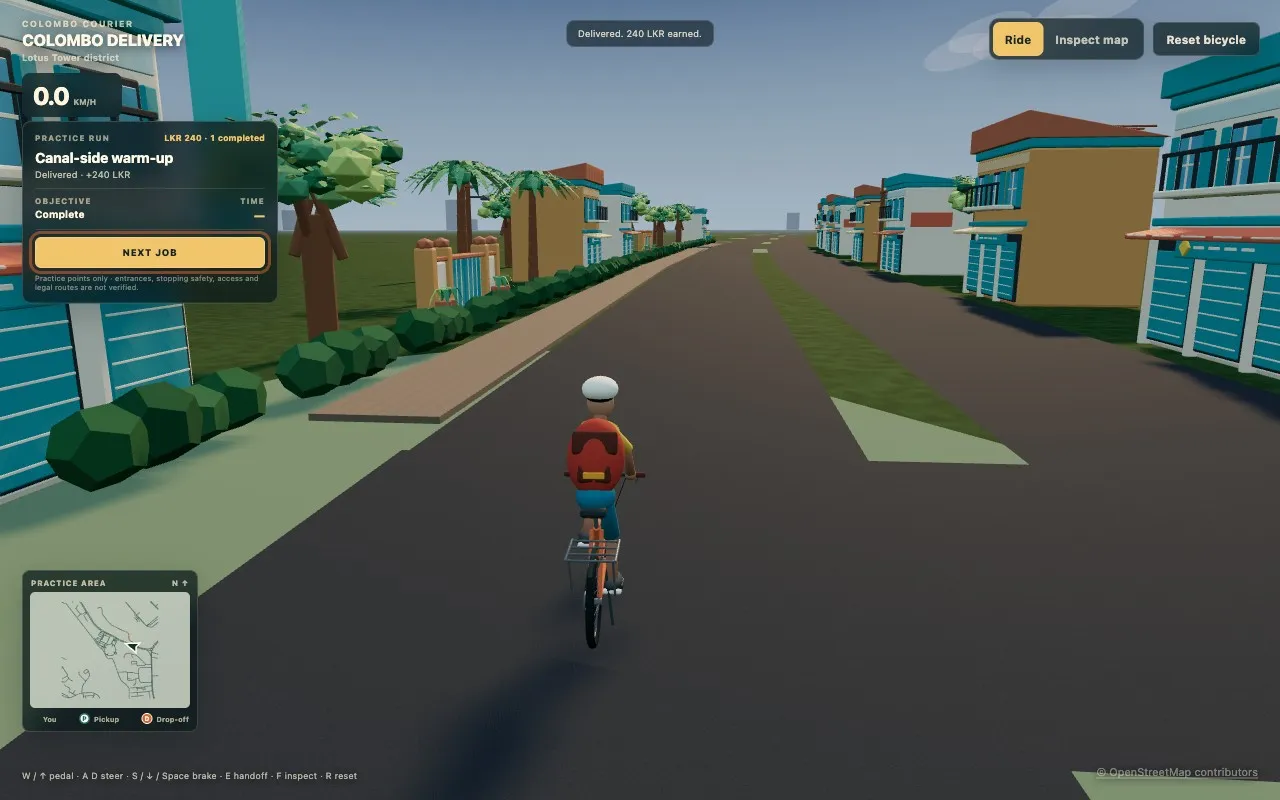 A courier on a bicycle in an illustrated Colombo street