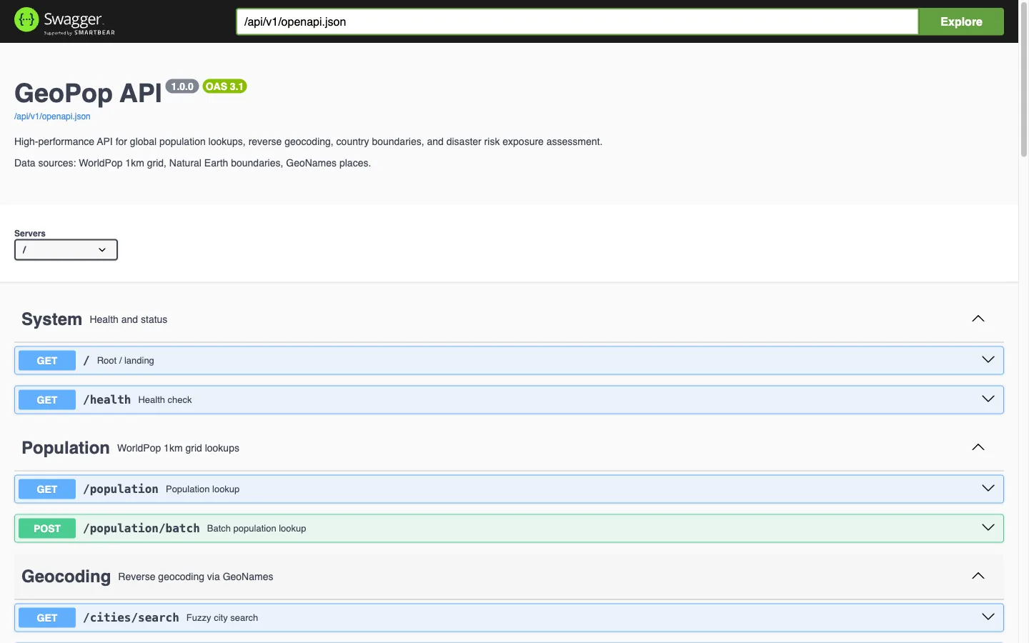 GeoPop Swagger API documentation with population and geocoding endpoints