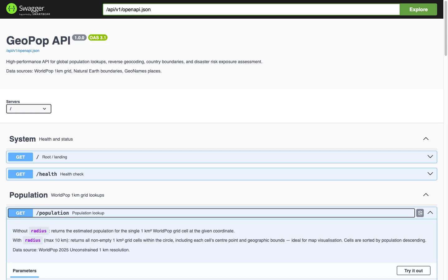 GeoPop population endpoint documentation with coordinate and radius parameters