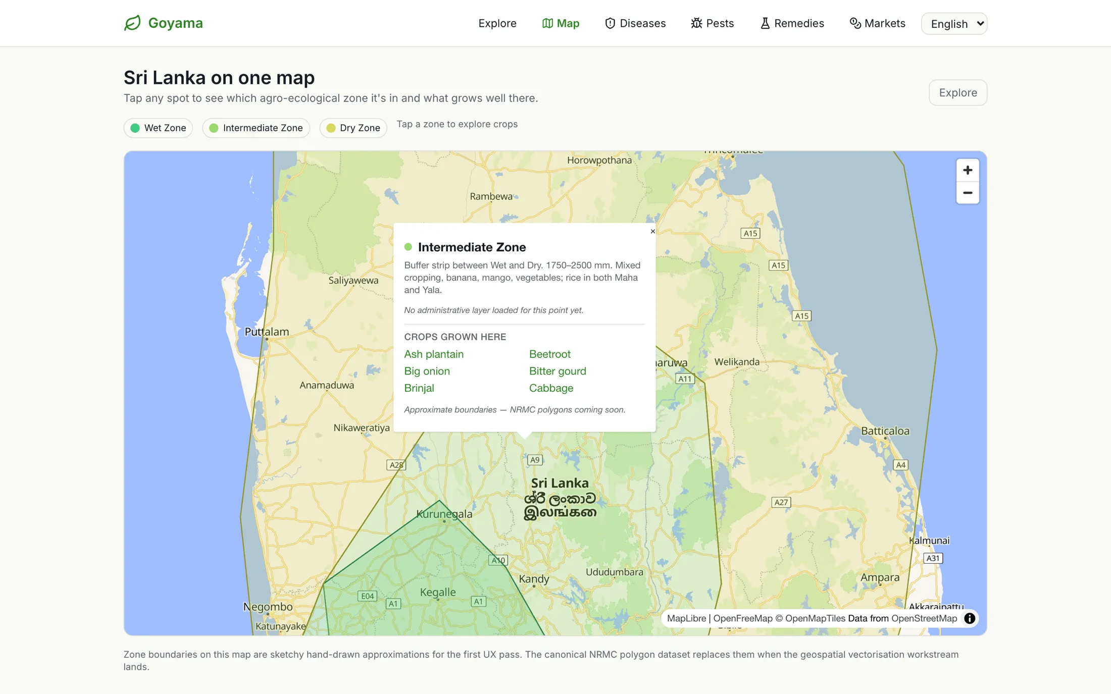 Sri Lanka with wet, intermediate and dry zone overlays and a popup of crops grown in the intermediate zone