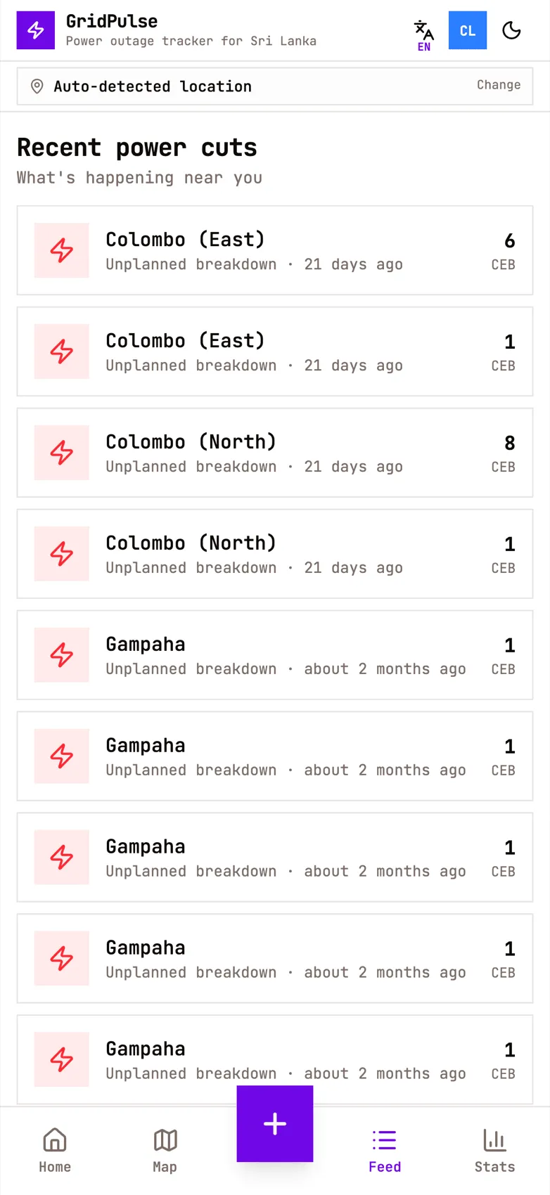 GridPulse feed of recent outage reports