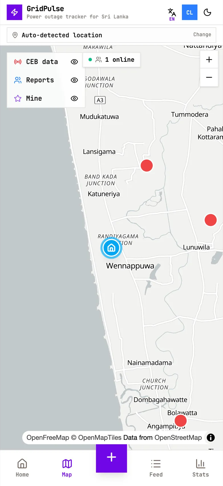 GridPulse mobile map showing outage markers around Wennappuwa