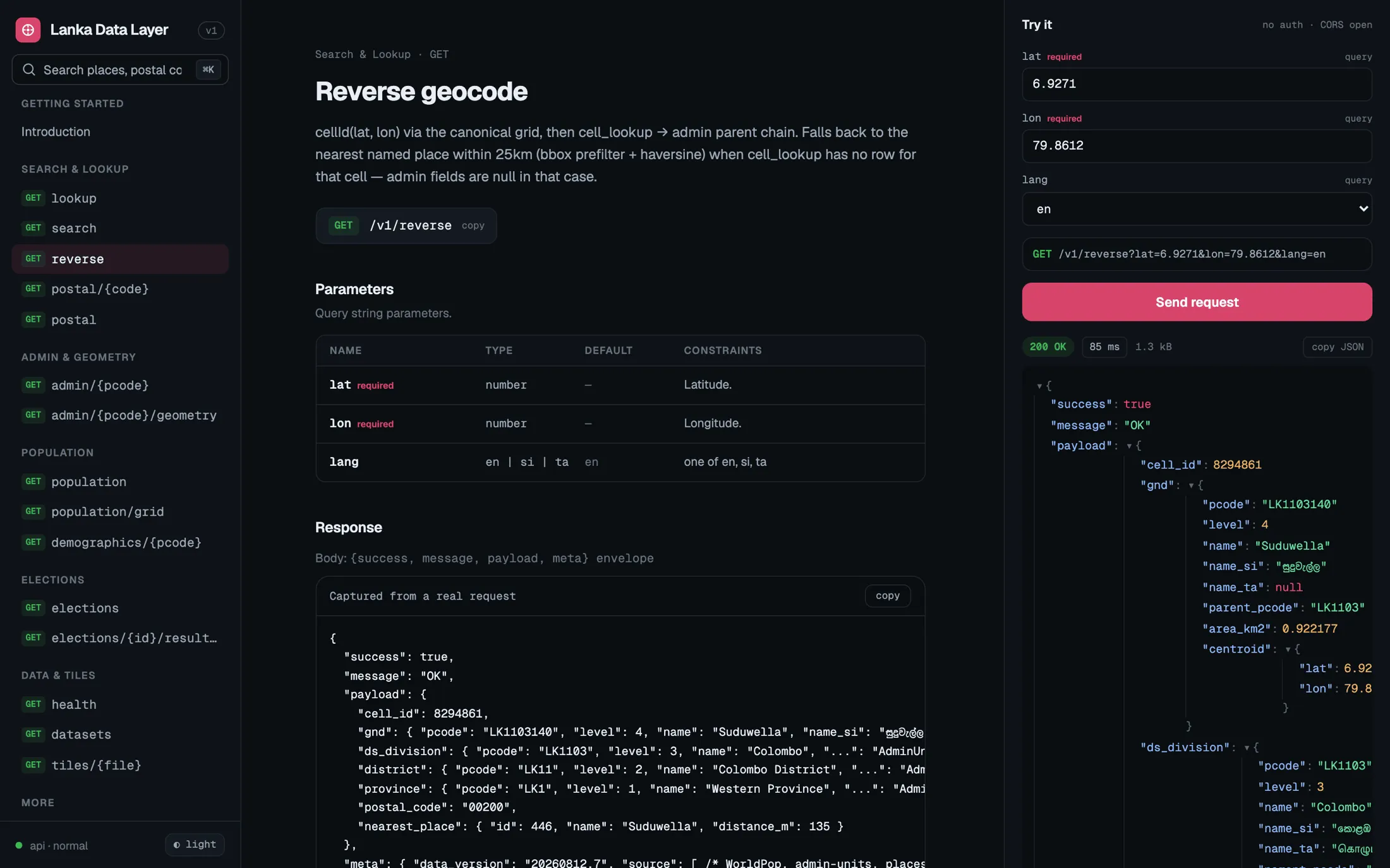 Reverse geocode documentation with parameters and a live request panel showing a 200 response