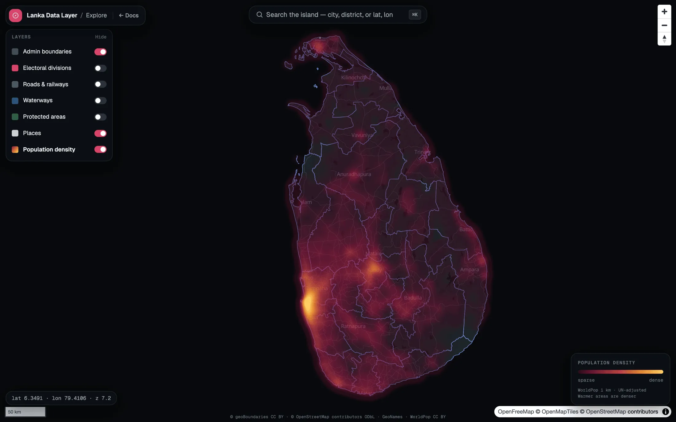 Lanka Data Layer explorer showing Sri Lanka as a population density heatmap with district boundaries and a layer panel