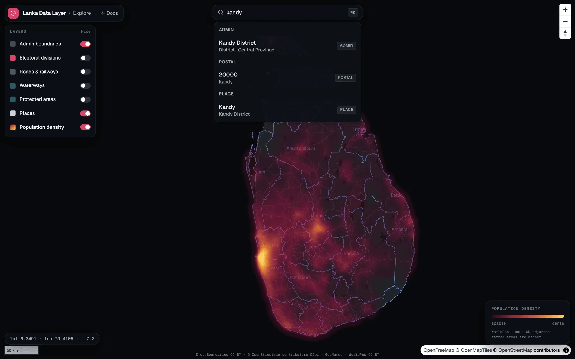 Searching for Kandy returns an admin unit, a postal code and a place, grouped by type