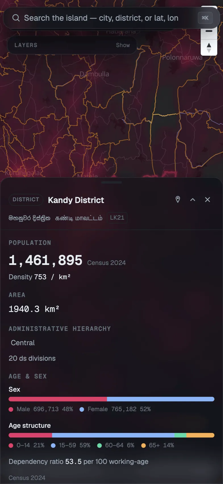 Lanka Data Layer on a phone with Kandy District’s census population, area and age breakdown