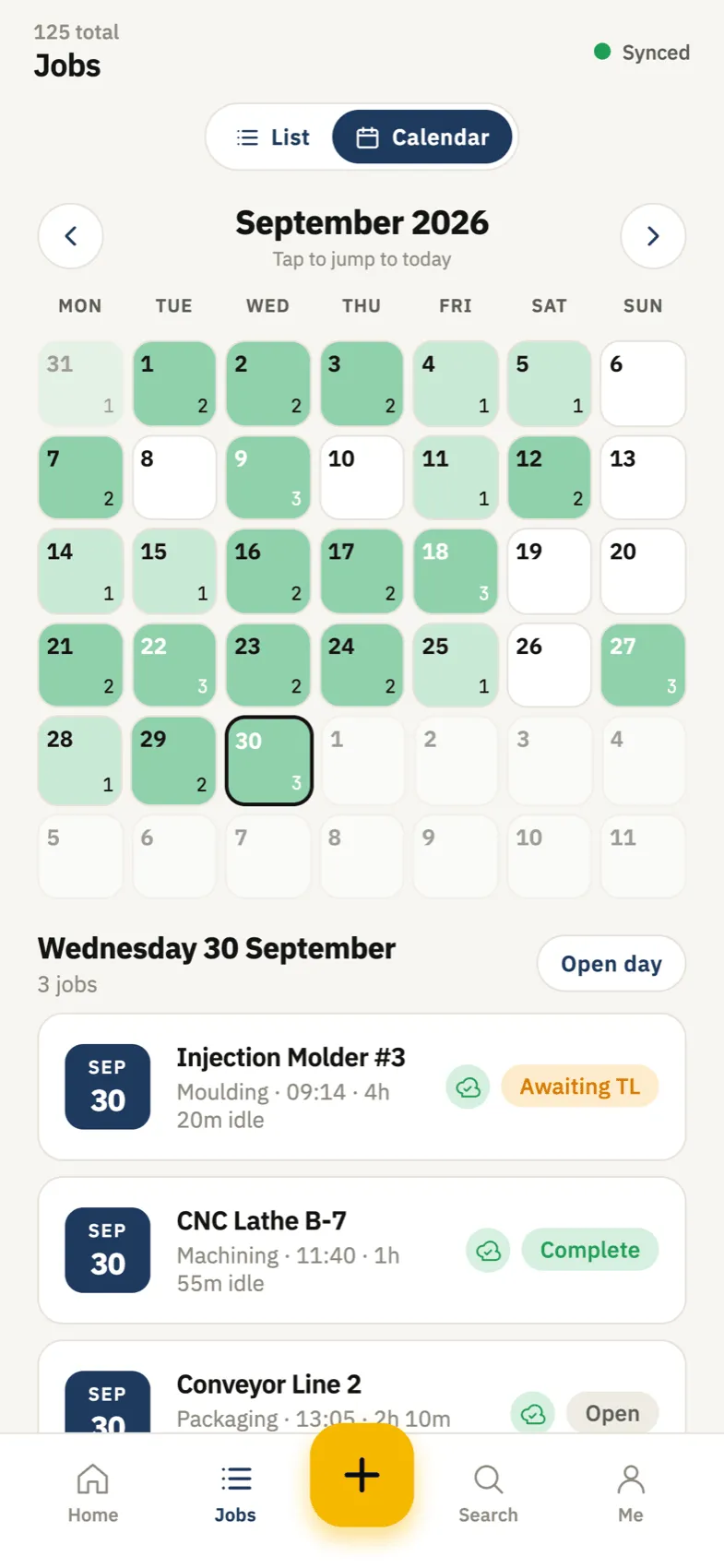 Monthly calendar shaded by the number of jobs each day, with the selected day’s jobs below
