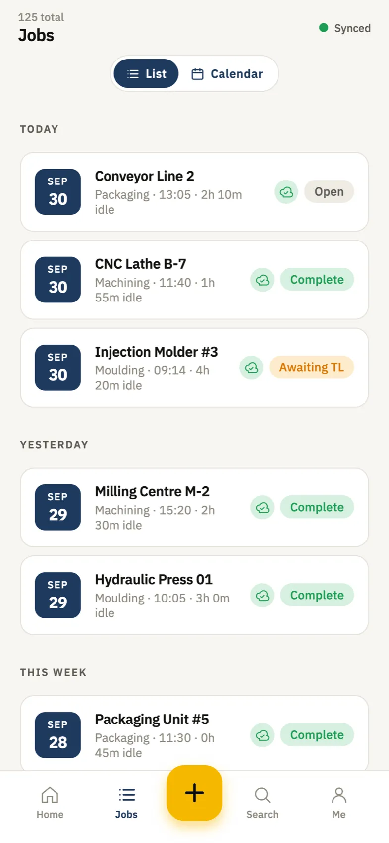 MendLog list of repair jobs grouped by day, each with machine, department, idle time and status