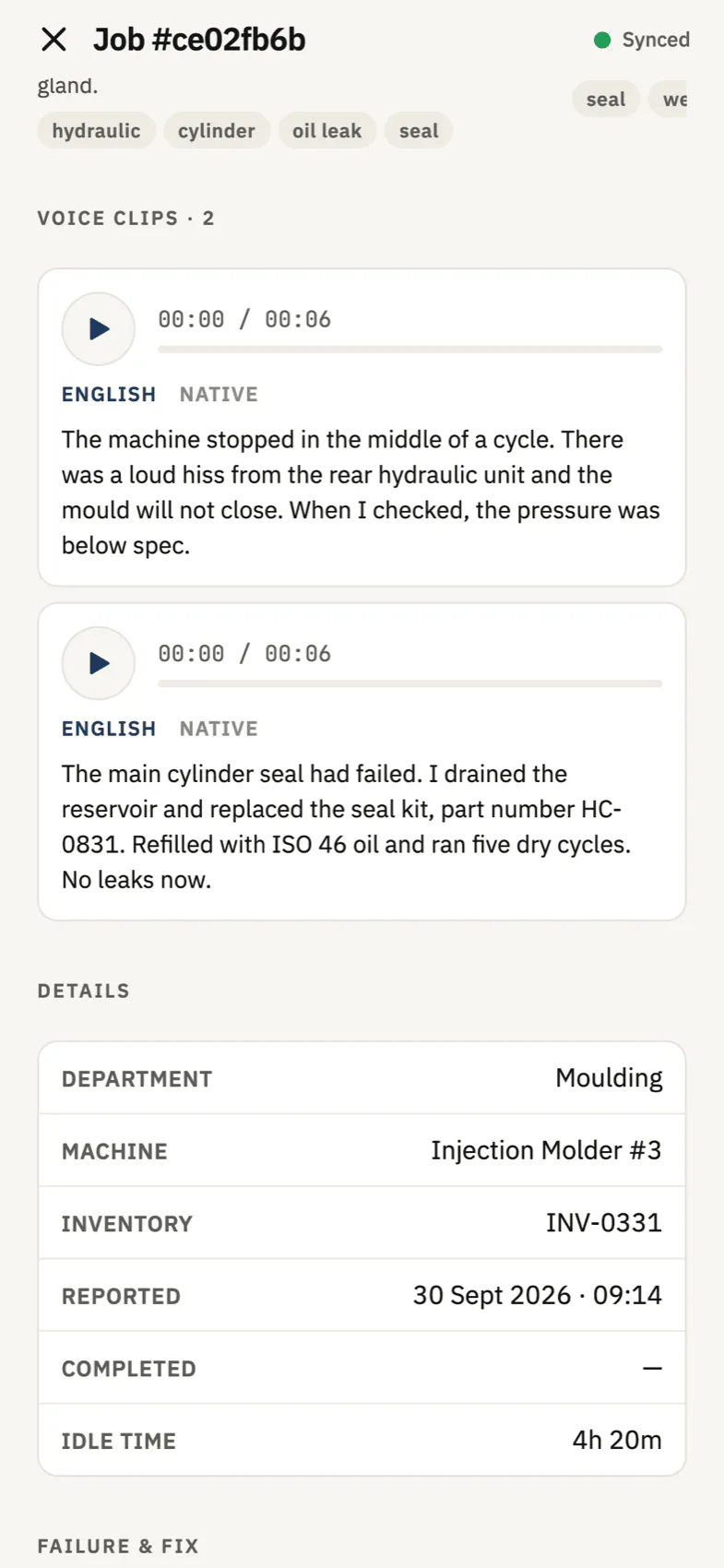 Two voice clips on a repair job with their transcripts and the job details below