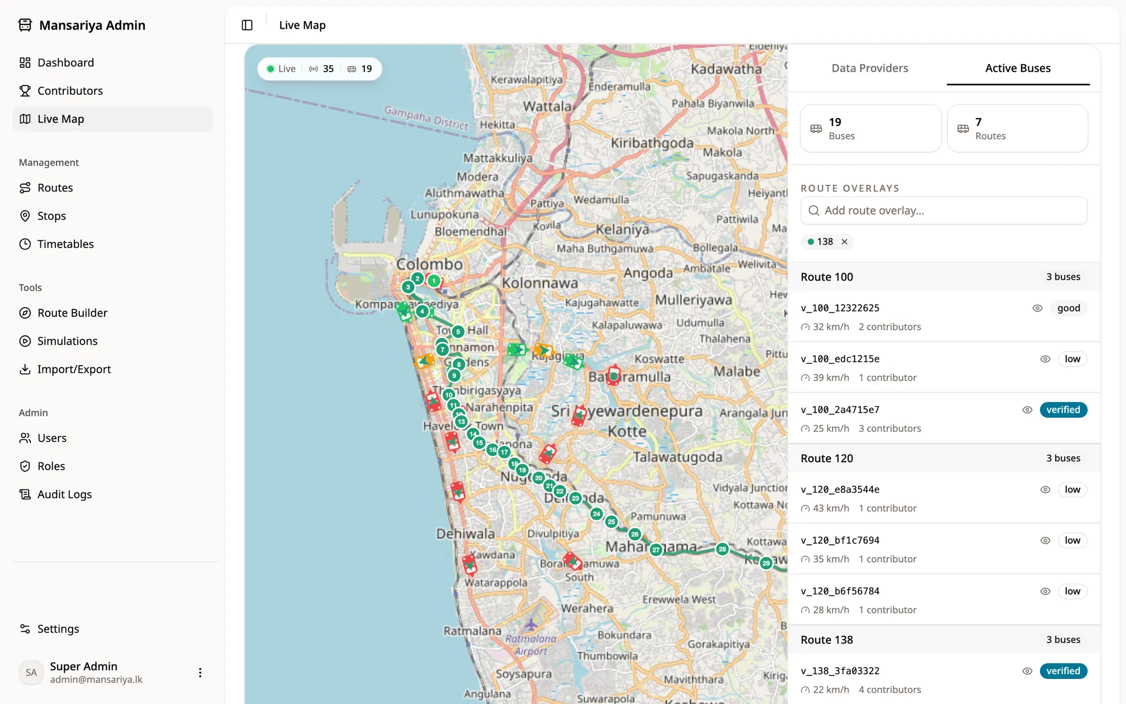 Mansariya admin live map of Colombo with bus markers and a list of active buses with confidence badges