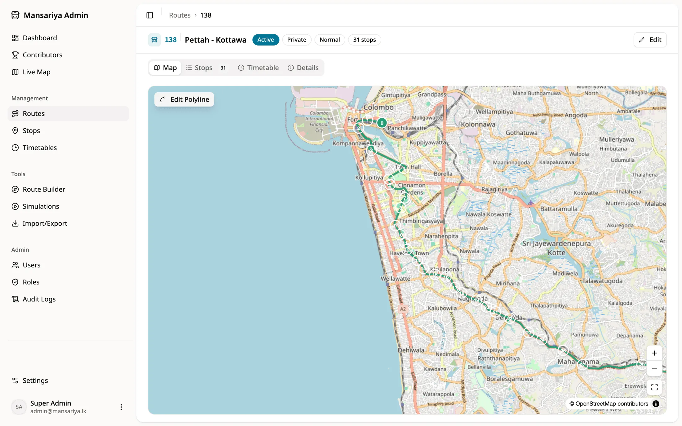 Route 138 drawn on a map in the admin with numbered stops and a polyline editor