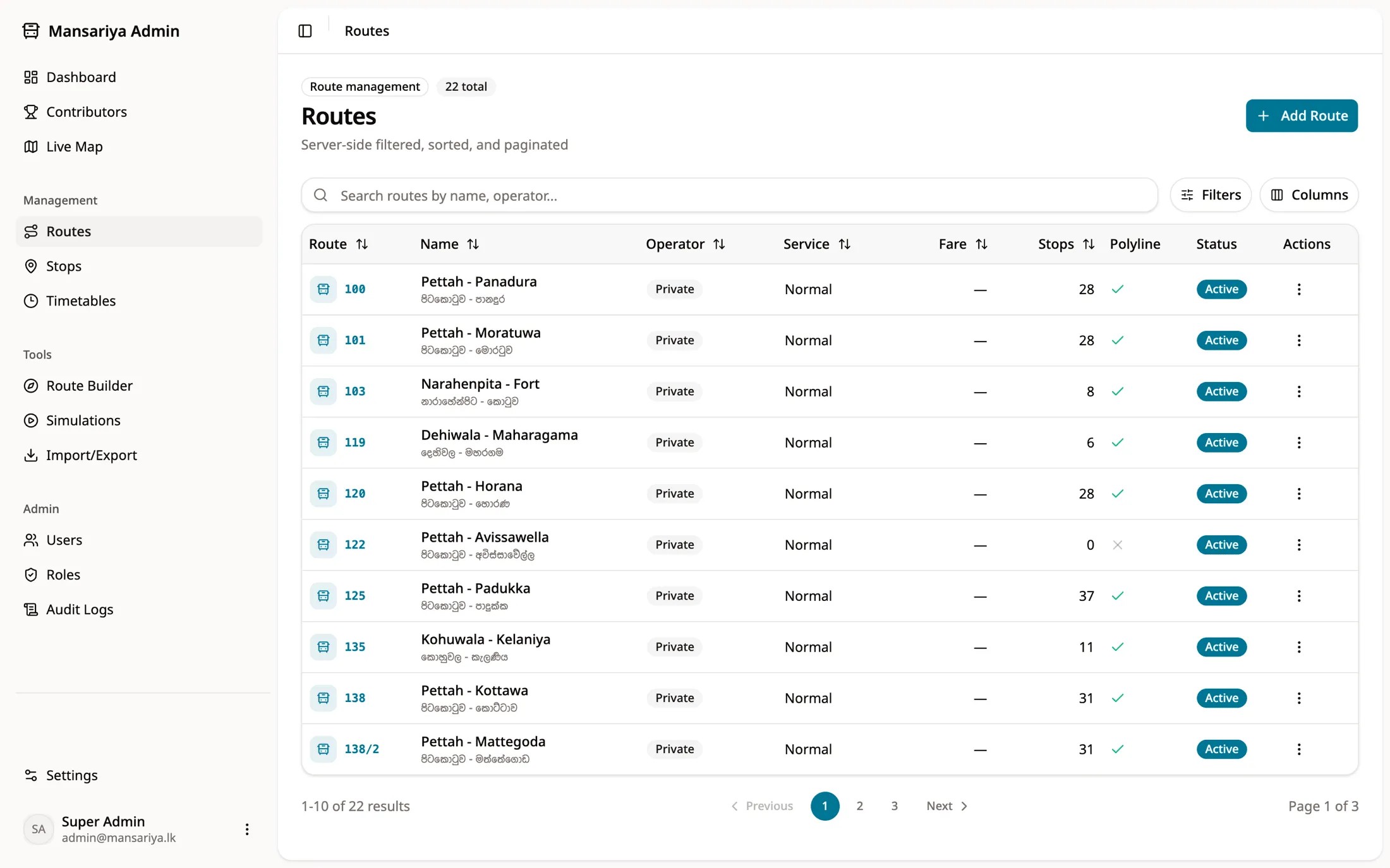 Admin table of routes with trilingual names, stop counts and polyline status