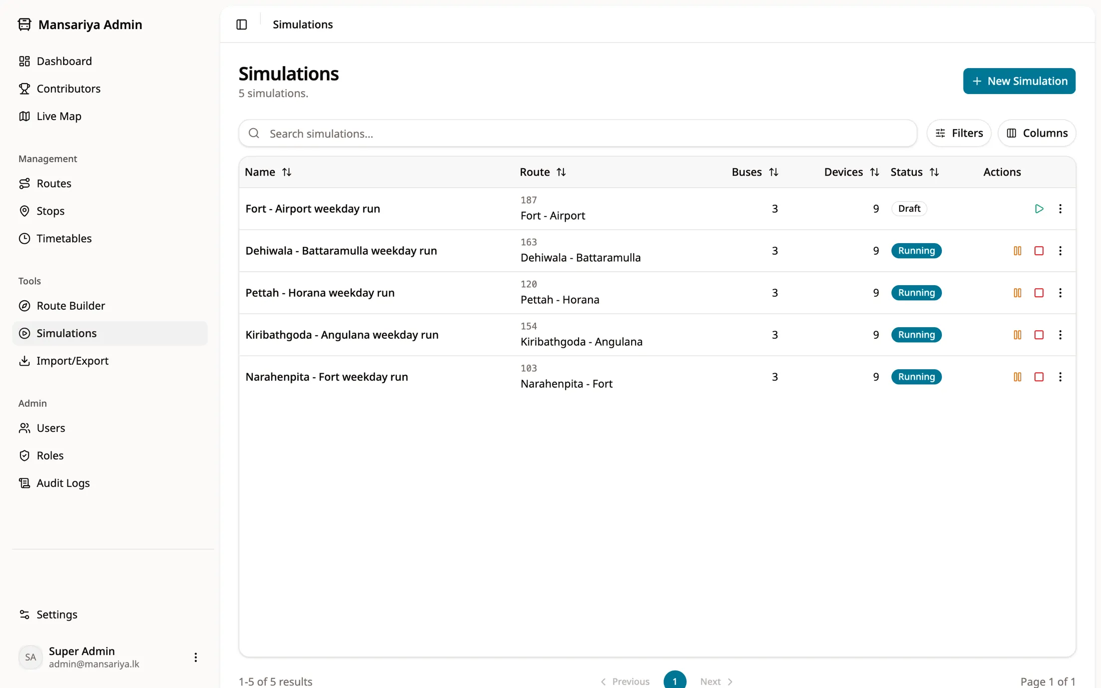 Admin list of simulation jobs that replay buses for testing