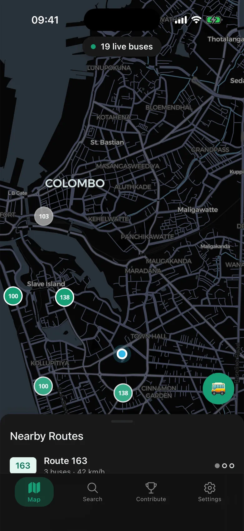 The live bus map on a dark basemap