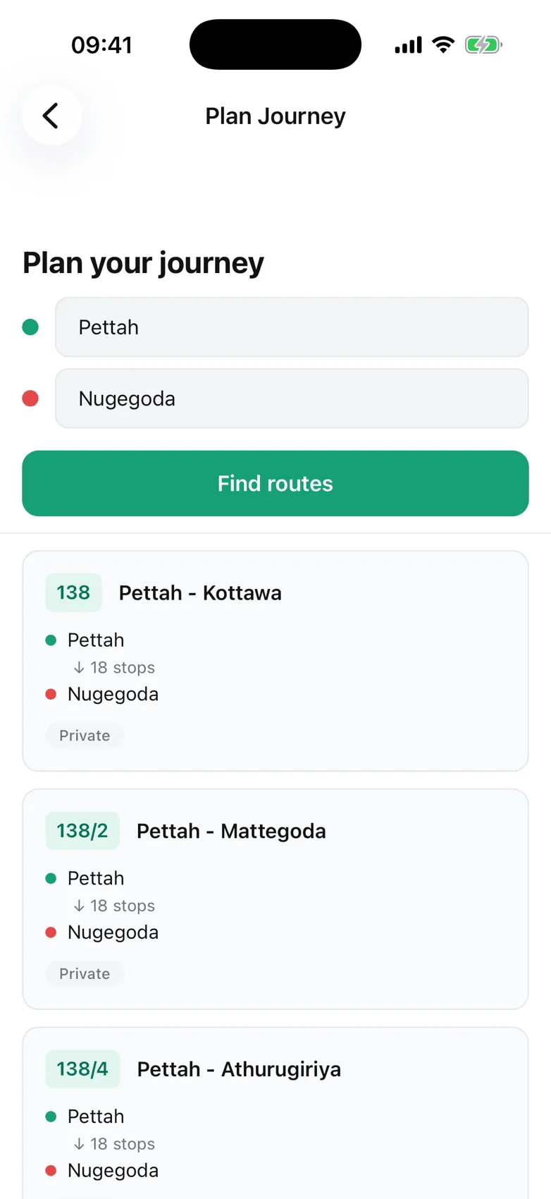 Planning a journey from Pettah to Nugegoda returns three routes