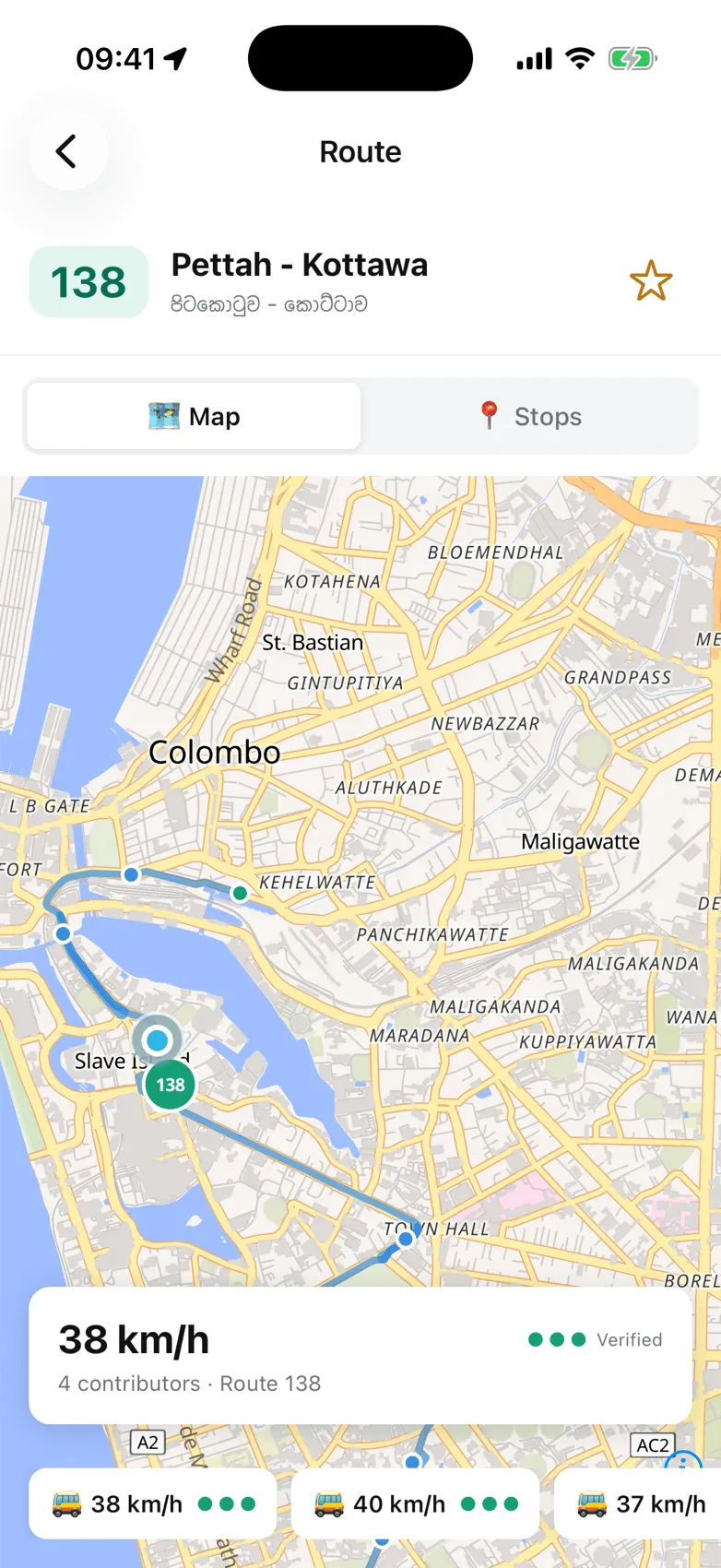 The Pettah to Kottawa route drawn on the map with a bus marked as verified by four contributors