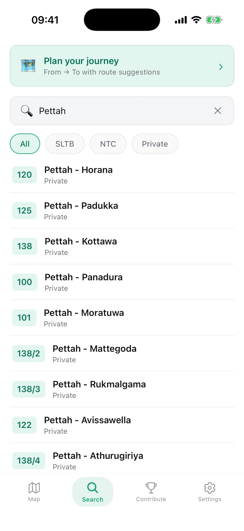 Searching for Pettah lists matching routes with their numbers and operator filters