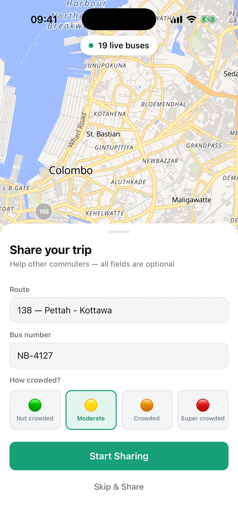 The share-your-trip sheet with a route, a bus number and how crowded it is