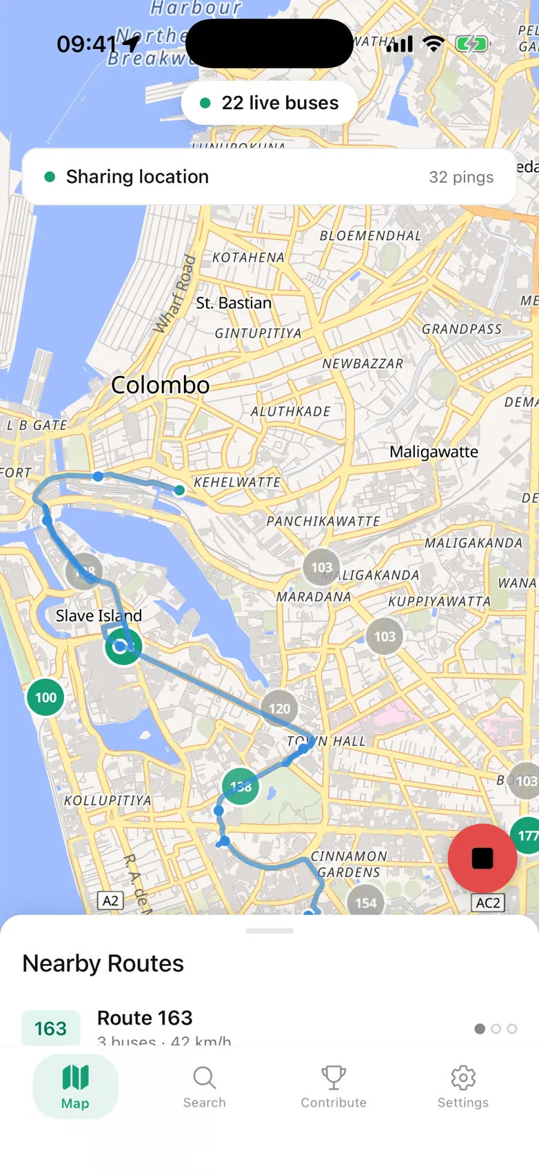 The map while sharing location, with a count of pings sent and a stop button