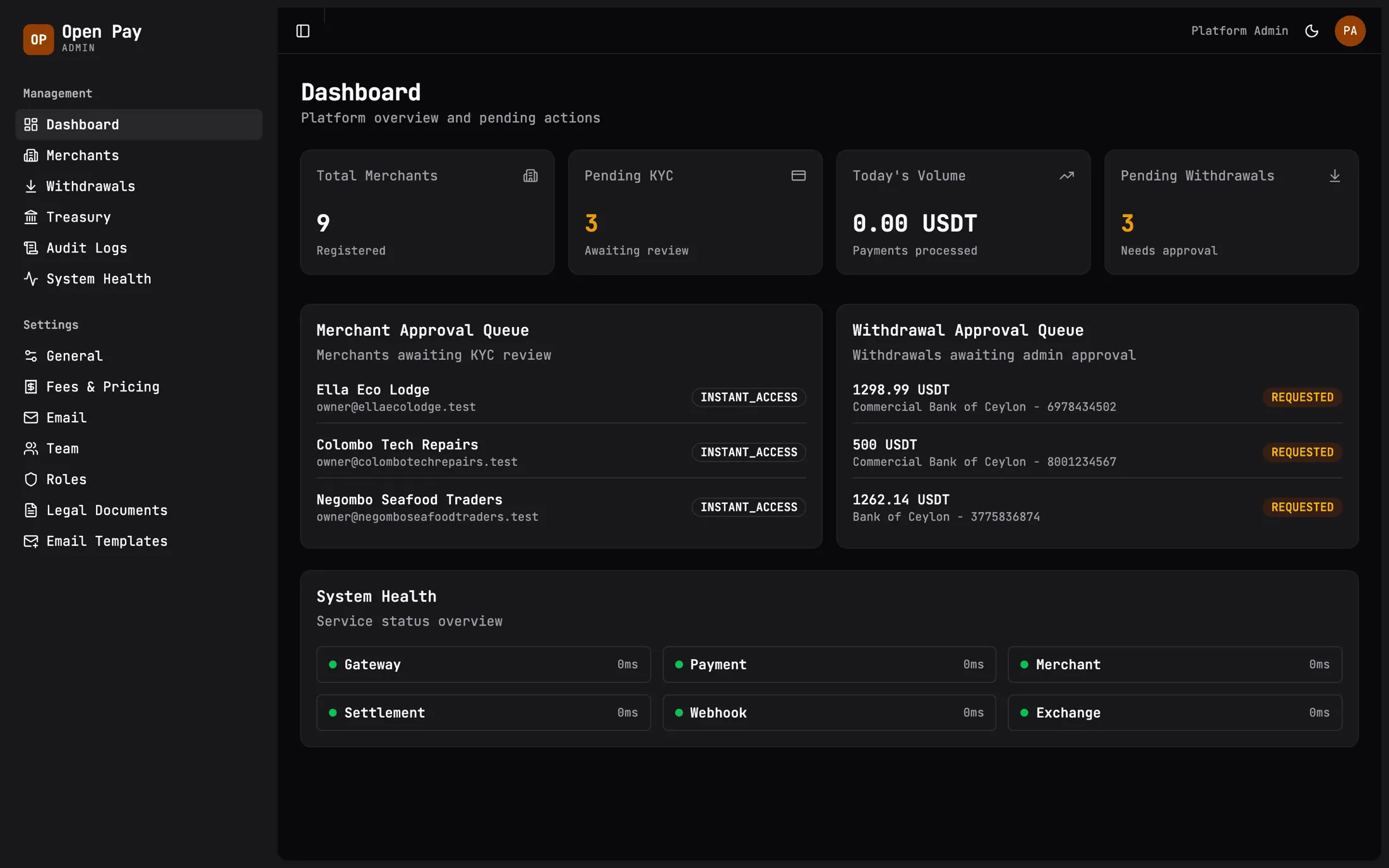 OpenPay admin overview with merchant approvals, withdrawal approvals and service health
