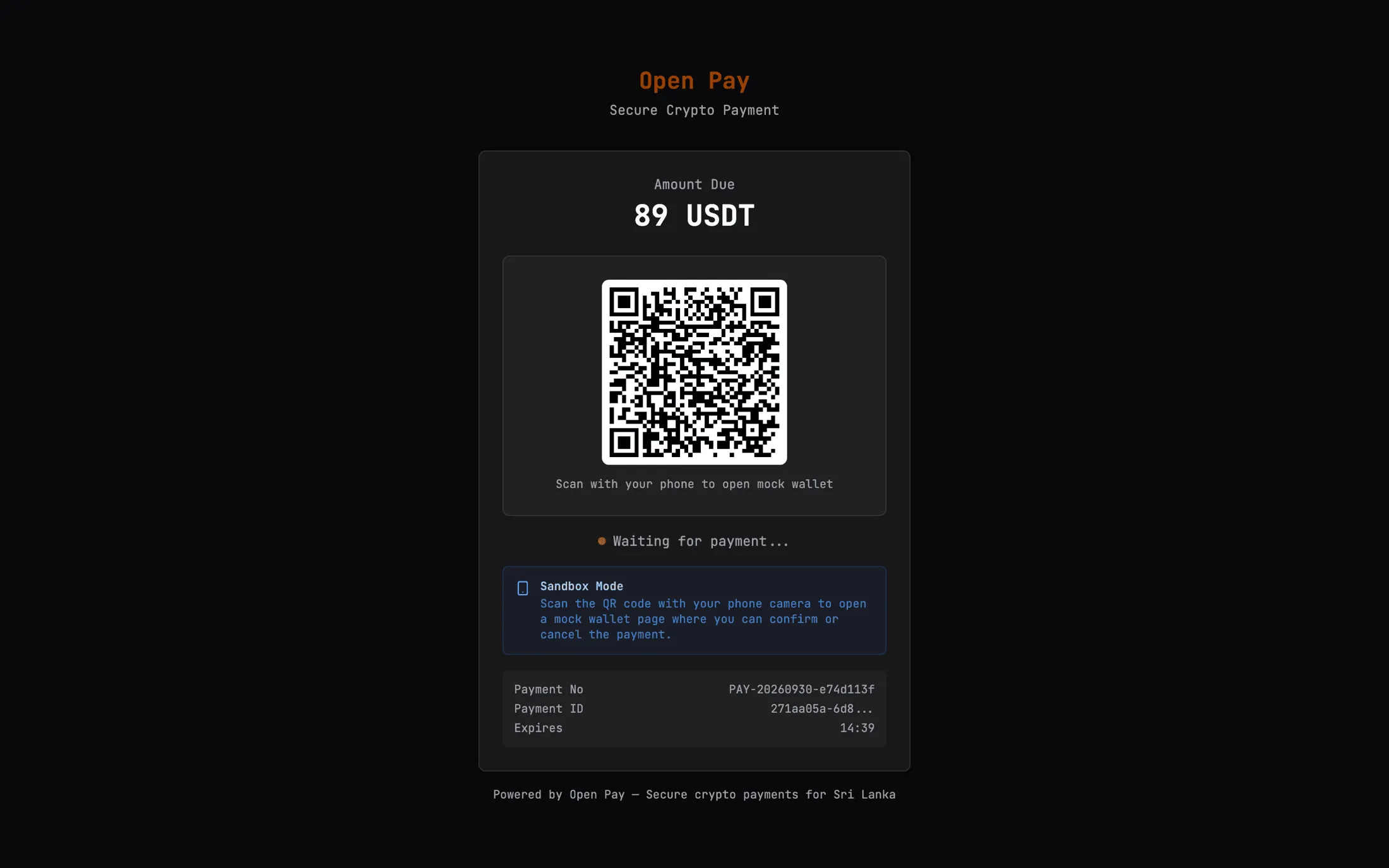 OpenPay hosted checkout showing the amount due in USDT, a QR code and an expiry countdown