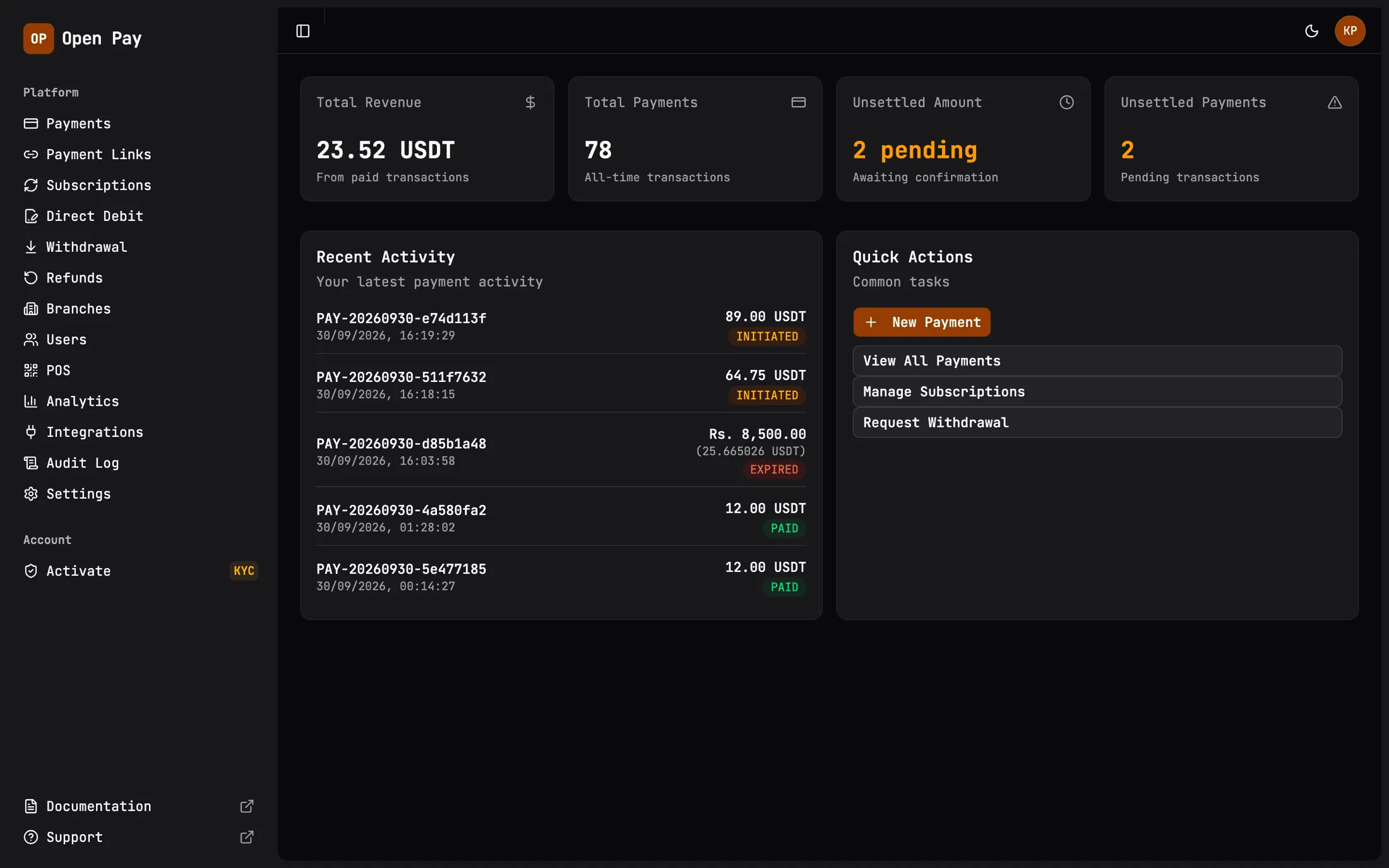 OpenPay merchant dashboard with revenue, payment counts and recent activity