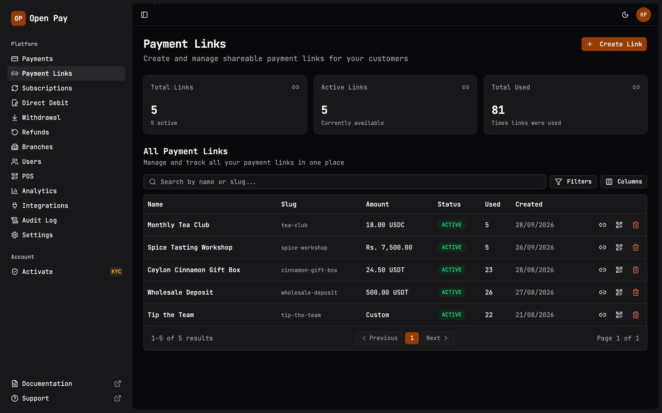 OpenPay payment link manager with reusable links and usage counts