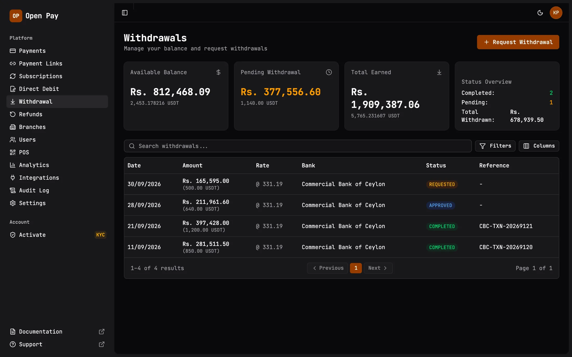 OpenPay withdrawals page with the available rupee balance and bank withdrawal history