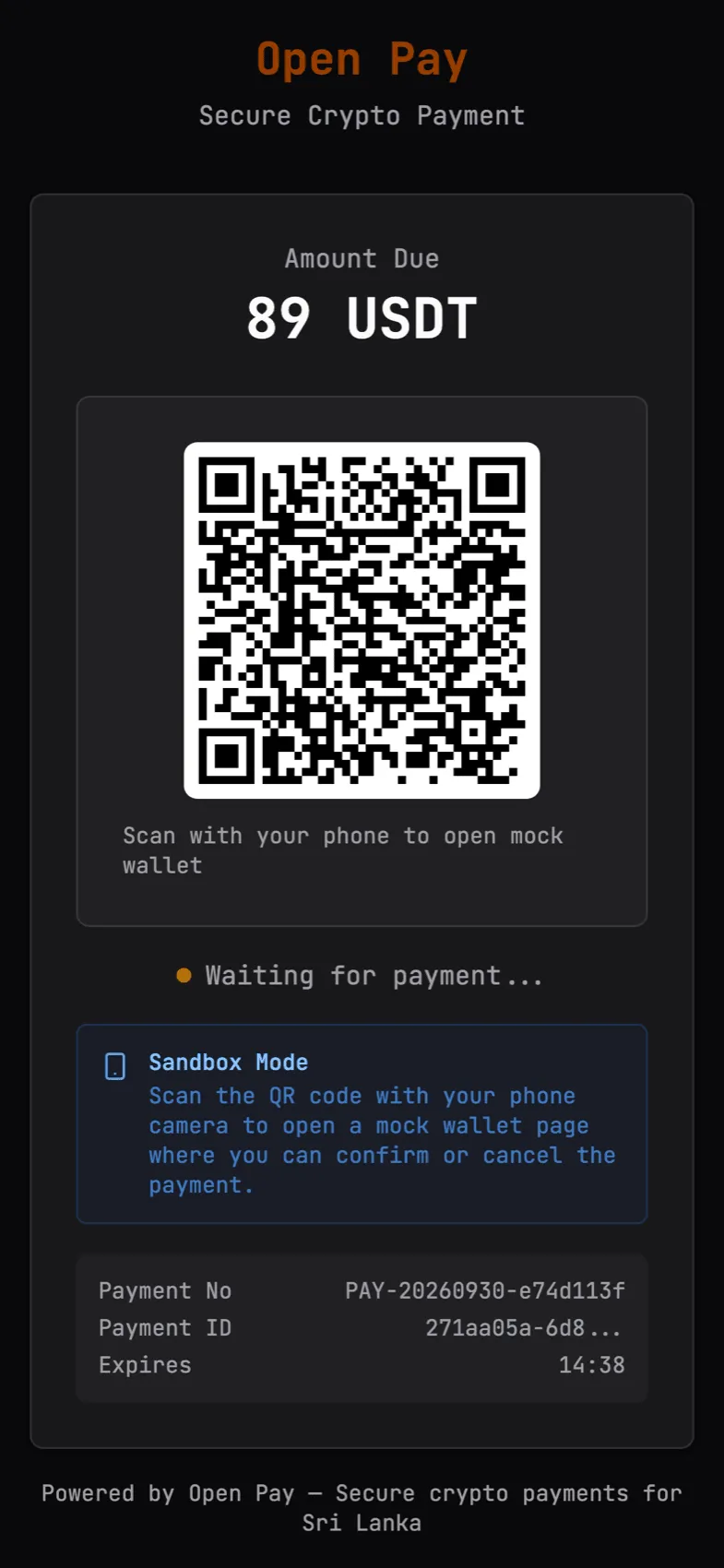 OpenPay checkout on a phone with the amount due and a QR code