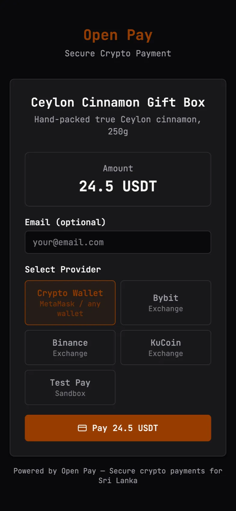 OpenPay public payment link for a gift box priced in USDT, with a choice of wallets and exchanges
