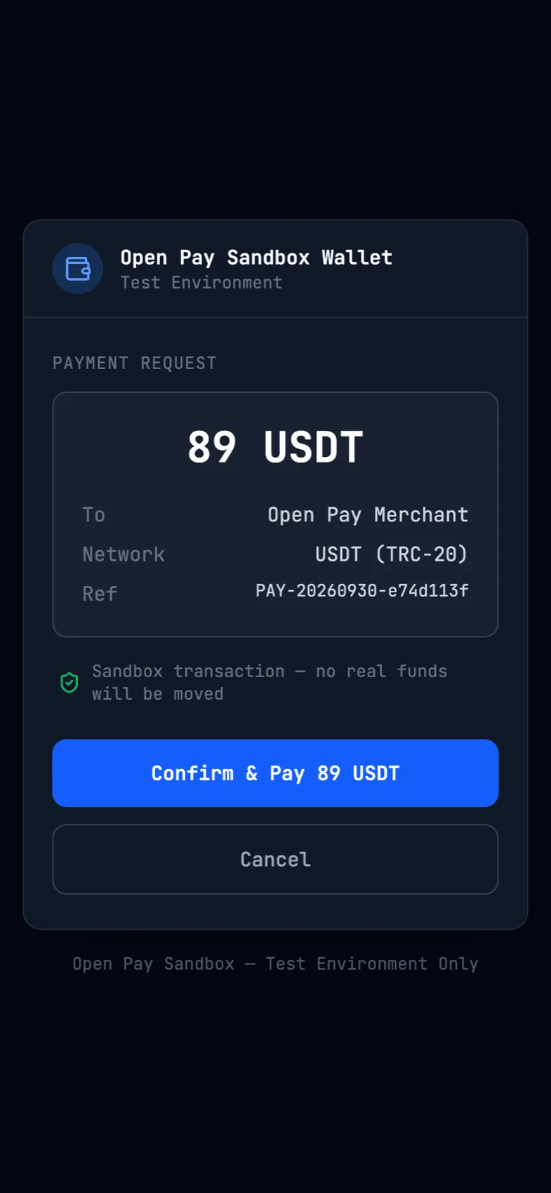 OpenPay sandbox wallet asking to confirm a test payment