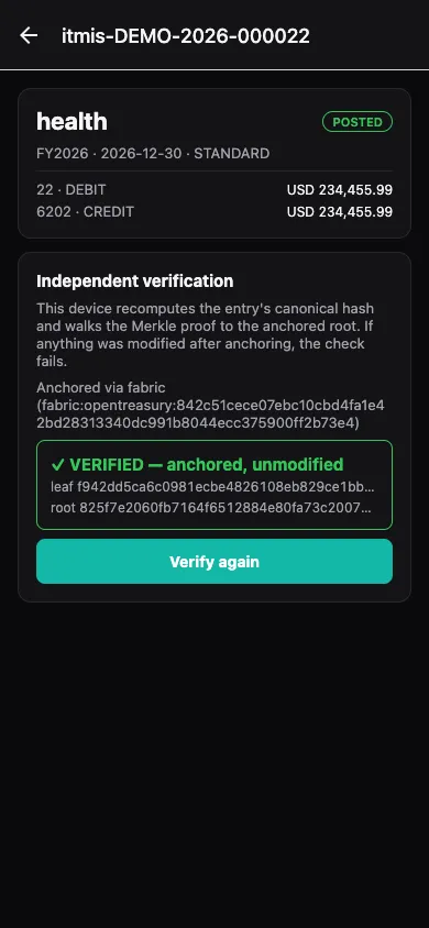 OpenTreasury phone verifier showing a journal entry marked verified, anchored and unmodified