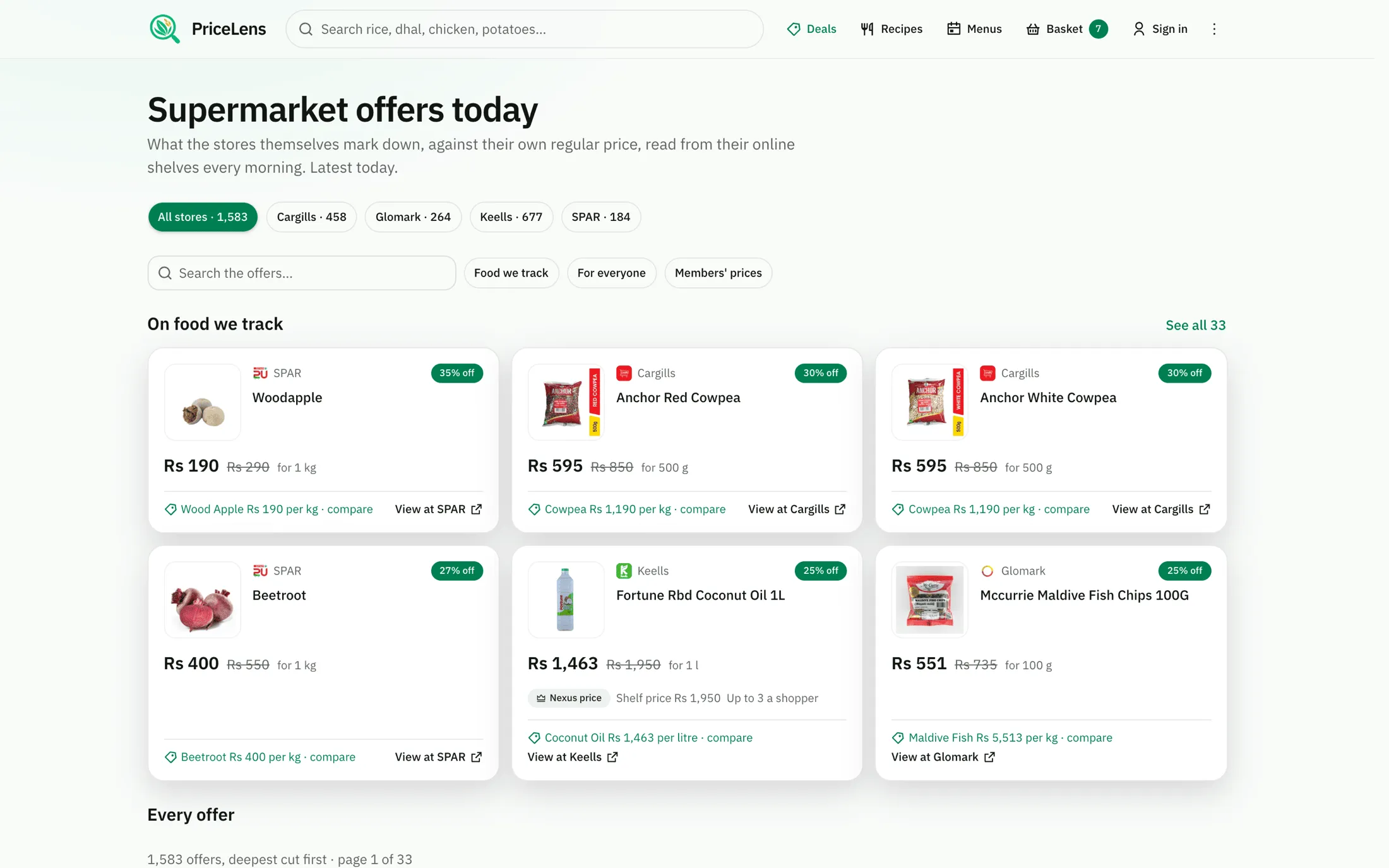 Supermarket markdowns with per-store filters and per-kilogram comparison