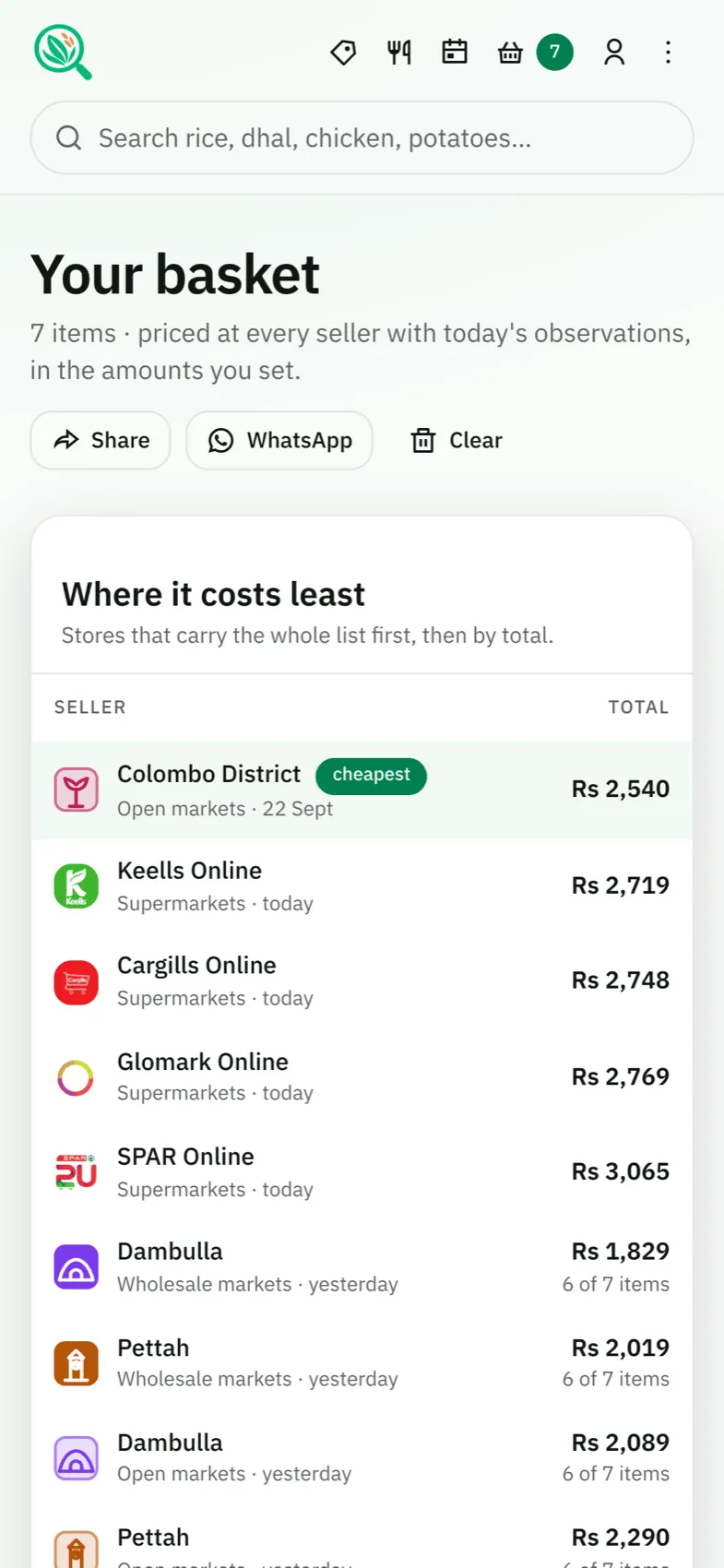 The basket comparison on a phone, listing each seller’s total