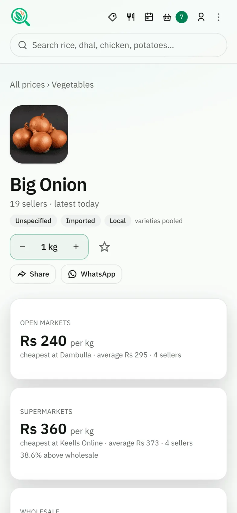 Big Onion on a phone with the cheapest open-market and supermarket price per kilogram